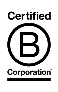 Black and white "Certified B Corporation" logo with a large capital letter B inside a circle, the words "Certified" above and "Corporation" below, separated by black lines, on a light gray background.